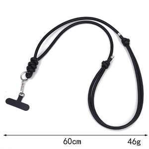 Black 60cm leather crossbody phone lanyard with silver metal clip and 46g weighted design