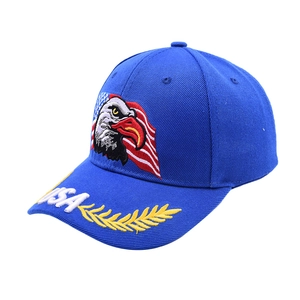 Close-up of eagle embroidery and USA 3D stitching on navy cotton baseball cap