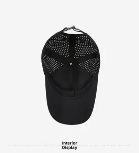 Interior view of black baseball cap showing laser-cut perforations and adjustable strap