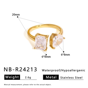 Macro view of 18K gold plated stainless steel open ring with 6x8mm zircon stone dimensions