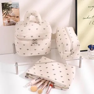 Cream corduroy cosmetic bag set with black heart patterns and sturdy carry handle