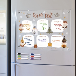 Magnetic acrylic wish list board on a fridge with six colorful markers for planning