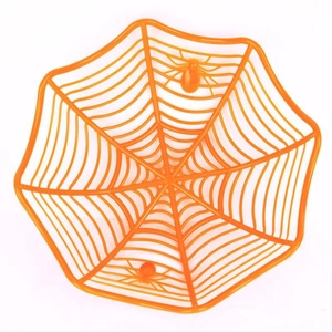 Orange spider web fruit bowl for Halloween party decor with two small spider accents