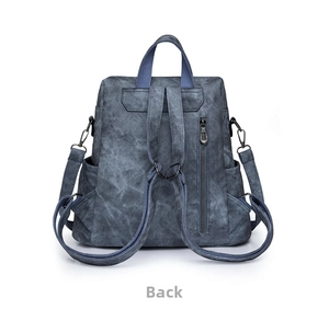 Rückansicht des Vintage-Rucksacks aus blauem Leder mit versteckter Anti-Diebstahl-Tasche