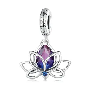 Lotus Pendant Charm 925 Sterling Silver Gradient Purple Blue Water Drop Zircon For DIY Bracelet Necklace