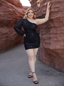 Elegant black glitter one-shoulder long sleeve bodycon dress for party wear