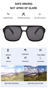 Detail of square double-bridge sunglasses showing HD anti-glare lenses and UV protection
