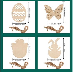 Detailed size specifications for wooden Easter ornaments in egg, bird, and rabbit shapes