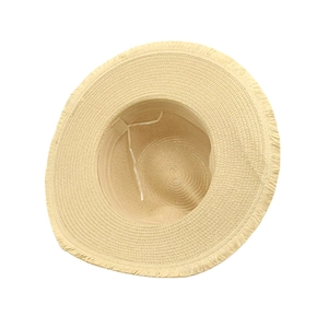 Neutral straw Panama hat with frayed edges and windproof rope for summer sun protection
