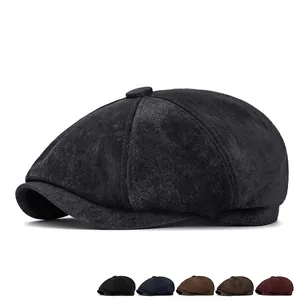 Classic retro newsboy cap in black suede with five color options for men and women