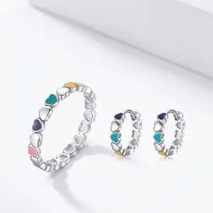 925 Sterling Silver Rainbow Enamel Heart Ring And Hoop Earrings For Women Sweet Trendy Fashion Jewelry