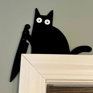Black Cat Holding Knife Decoration Wood Door Frame Corner Halloween Funny Silhouette Spooky Home Ornament