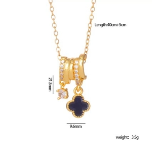 Golden necklace with black clover and white zircon pendant, 40+5cm length, 3.5g weight