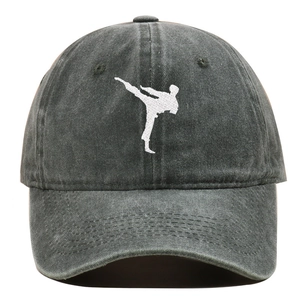 Detail of grey washed baseball cap showing white martial arts silhouette embroidery