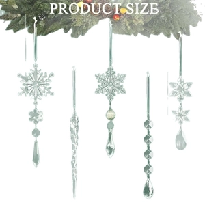 Five-piece clear acrylic Christmas snowflake and icicle hanging ornaments on pine branch