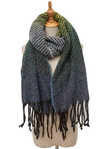 Detail of winter scarf showing gradient color weave and fringe tassels on a mannequin