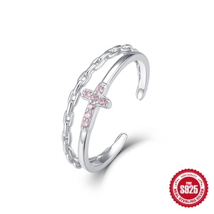 S925 Sterling silver double layer ring with pink zircon cross and chain style design
