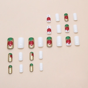 24pcs romantic maple leaf square press-on nails in white and gold metallic finish