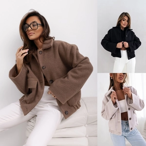 Veste En Laine Couleur Unie Pour Femmes Simple Boutonnage À Revers Manteau Court Automne Hiver Polyester Casual Haut Top