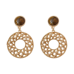 Tiger eye stone hollow round drop earrings with golden woven design for women