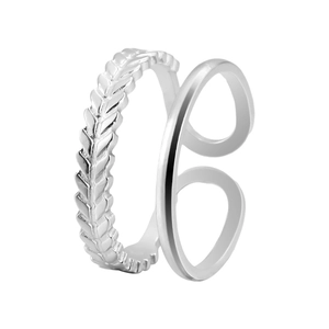 Minimalist silver stainless steel open ring featuring leaf texture and sleek double layers