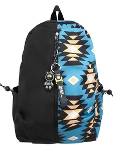 Minimalist black and blue large capacity backpack with geometric pattern and astronaut charm