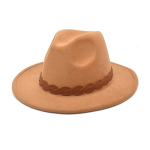 Classic camel wool fedora hat for men and women featuring a woven brown leather band