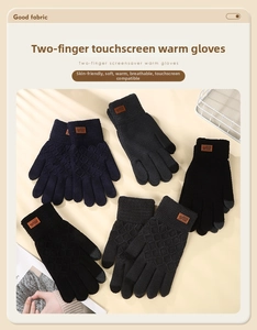 Detail of touchscreen knitting gloves featuring conductive tips and brown leather tag label