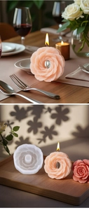 Dettaglio macro dello stampo in silicone rosa 3D e della candela artigianale finita