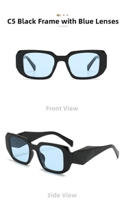 Detail view of square black frames and blue lenses with geometric temple design