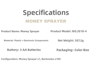 Technical specifications for electric money gun including material, weight, and battery type