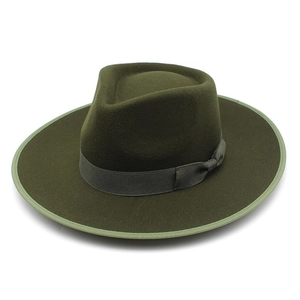 Olive green fedora hat with contrast trim and matching ribbon, classic wool jazz hat