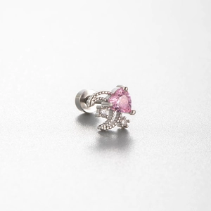 Pink heart-shaped zircon cherry earring in silver finish with sparkling small stones