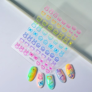 3D embossed macaron bunny and bear nail art stickers with colorful gradient designs