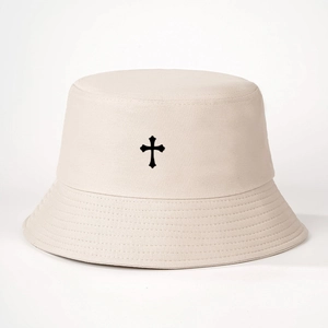 Unisex beige cotton bucket hat with black cross print for sun protection outdoor wear