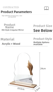 Irregular acrylic mirror with wooden base, showing detailed 24cm height dimensions