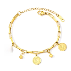 18K gold plated stainless steel bracelet with Elizabeth II coin charms and small round beads