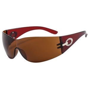 Futuristic wrap-around cycling sunglasses with brown gradient lenses and dark red frames