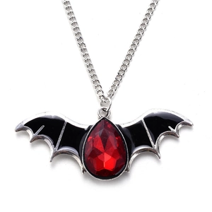 Silver bat pendant necklace with black enamel wings and teardrop red gemstone on O-chain
