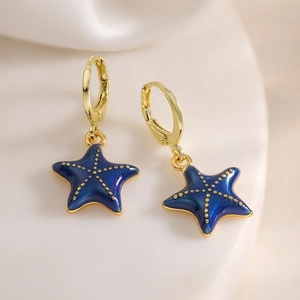 Minimalist 18K gold-plated starfish drop earrings with blue enamel finish for women