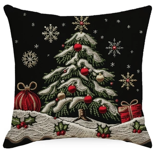 Black linen Christmas pillow cover with embroidered snow tree and red ornaments design