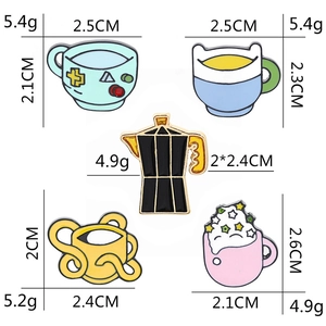 Colorful creative enamel pins collection featuring coffee and tea theme cups with dimensions