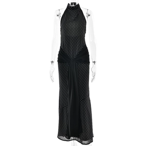 Elegant black halter polka dot maxi dress with high waist tie and sleeveless open back