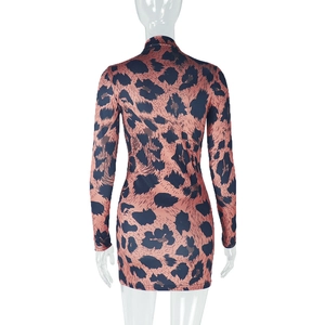 Detail view of the back of leopard print dress with high neck and long sleeves on a mannequin