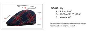 Detailed size chart for vintage plaid flat cap showing dimensions and head circumference