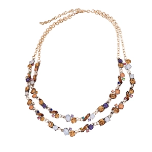 Double-layer gold necklace featuring multicolored geometric crystals on white background