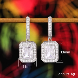 Silver square moissanite drop earrings with 11x13mm rectangle princess cut stones