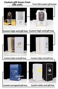 Various luxury gift boxes including blue corrugated handles and white ribbon flip-top boxes