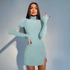 Detailed view of backless light blue glitter bodycon dress with elegant bow accent