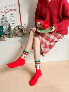 Close-up of festive red Christmas thermal socks with reindeer patterns in a cozy setting